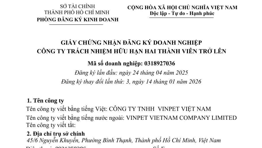 Giấy chứng nhận đăng ký doanh nghiệp VINPET Việt Nam